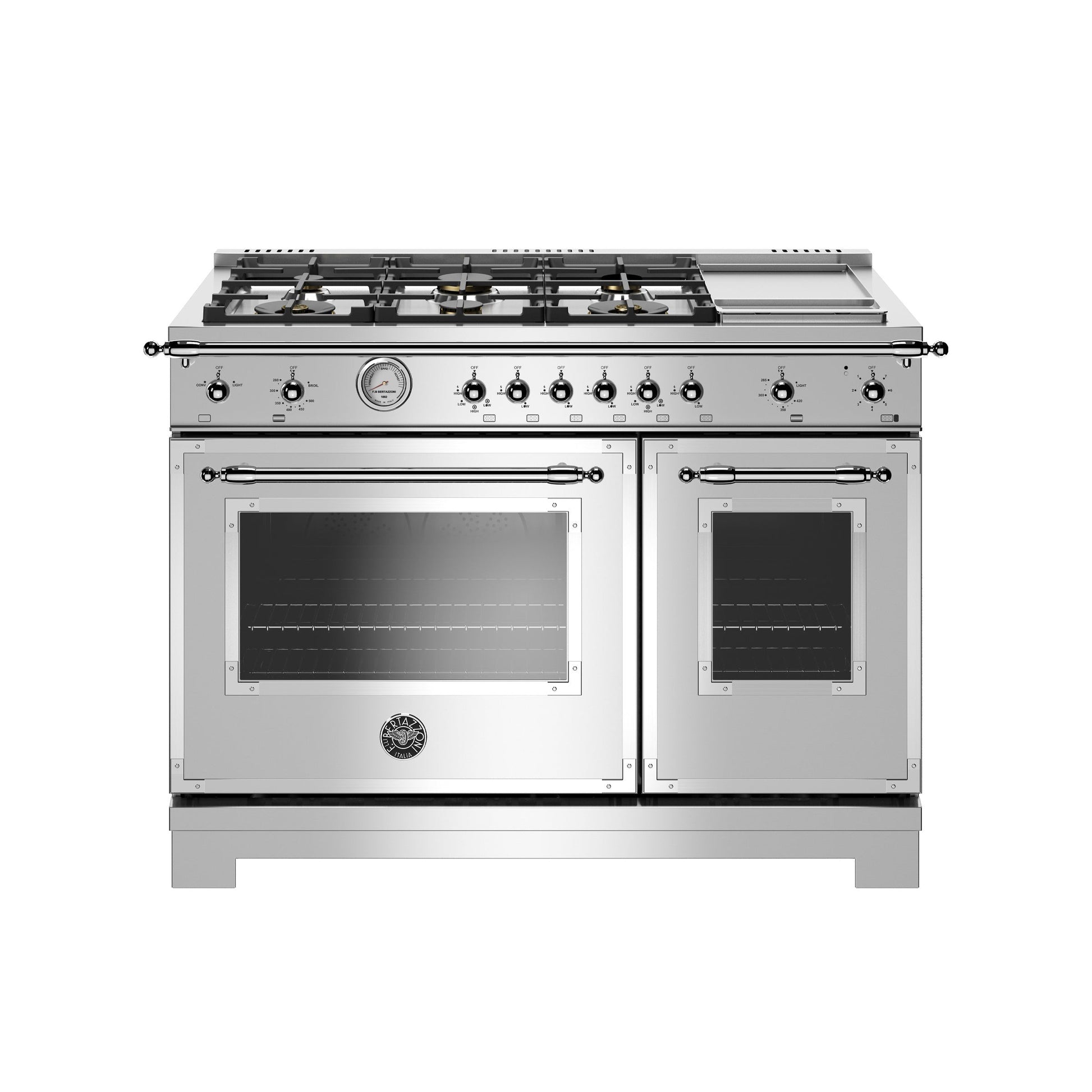 Bertazzoni Heritage Series 48" 6 Brass Burners Stainless Steel All Gas Range With 7.1 Cu.Ft. Double Oven and Electric Griddle