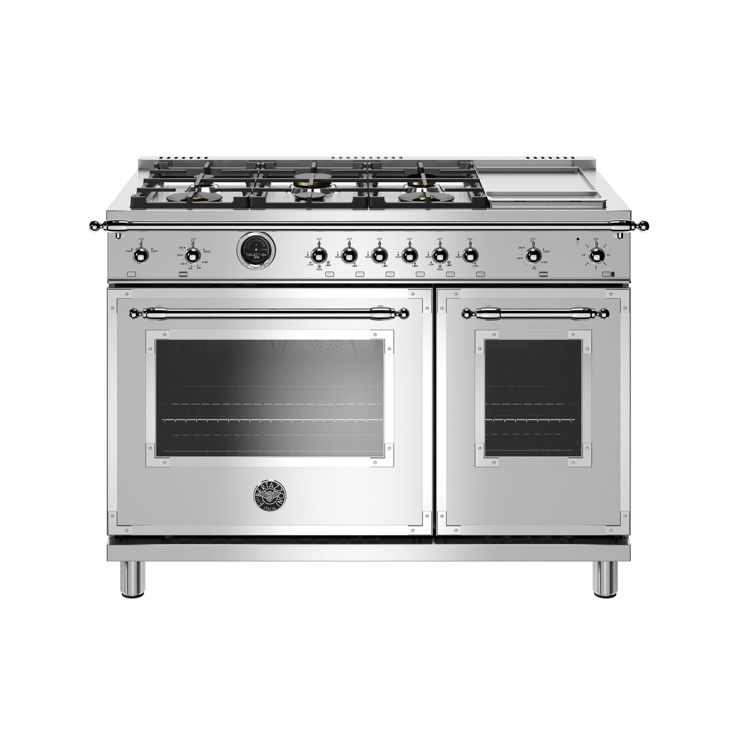 Bertazzoni Heritage Series 48" 6 Brass Burners Stainless Steel Dual Fuel Range With 7 Cu.Ft. Electric Self-Clean Double Oven and Griddle