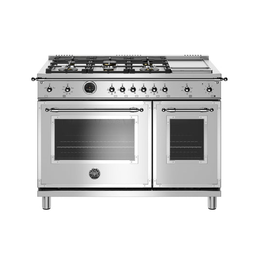 Bertazzoni Heritage Series 48" 6 Brass Burners Stainless Steel Dual Fuel Range With 7 Cu.Ft. Electric Self-Clean Double Oven and Griddle