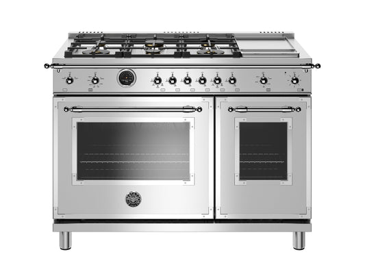 Bertazzoni Heritage Series 48" 6 Brass Burners Stainless Steel Dual Fuel Range With 7 Cu.Ft. Electric Self-Clean Double Oven and Griddle