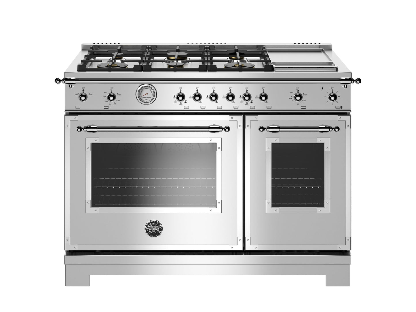 Bertazzoni Heritage Series 48" 6 Brass Burners Stainless Steel Propane Gas Range With 7.1 Cu.Ft. Double Oven and Electric Griddle