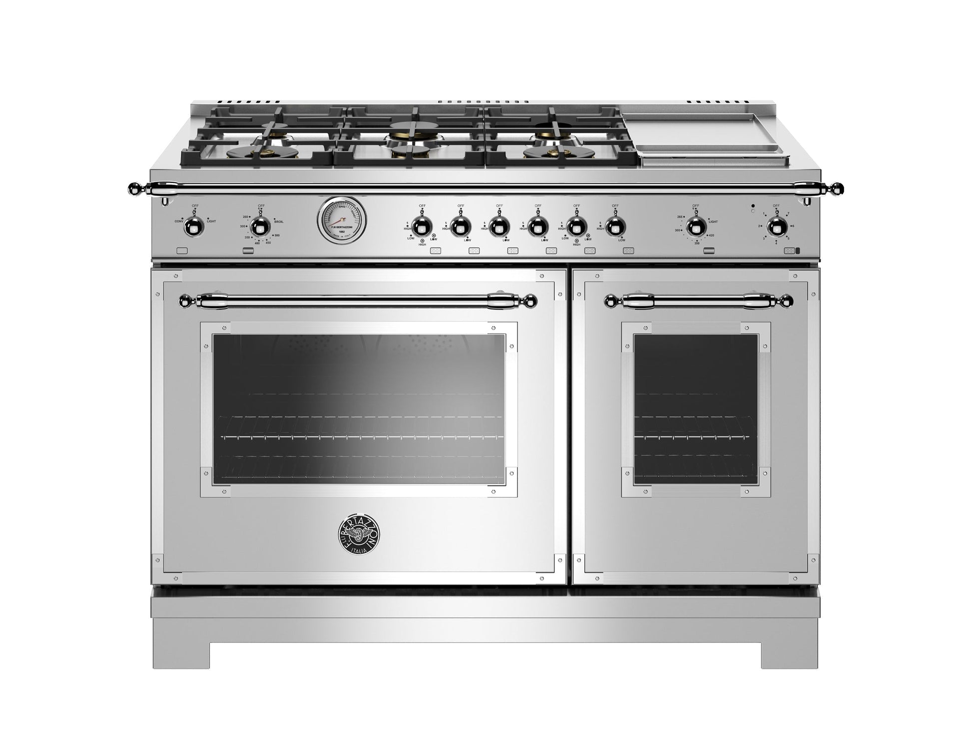 Bertazzoni Heritage Series 48" 6 Brass Burners Stainless Steel Propane Gas Range With 7.1 Cu.Ft. Double Oven and Electric Griddle