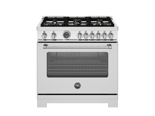 Bertazzoni Master Series 36" 6 Brass Burners Stainless Steel Freestanding Propane Gas Range With With Cast Iron Griddle and 5.7 Cu.Ft. Electric Self-Clean Oven