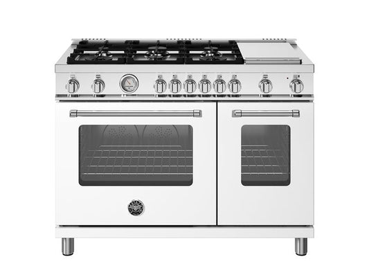 Bertazzoni Master Series 48" 6 Aluminum Burners Bianco Matt Freestanding All Gas Range With 7.1 Cu.Ft. Double Oven and Electric Griddle