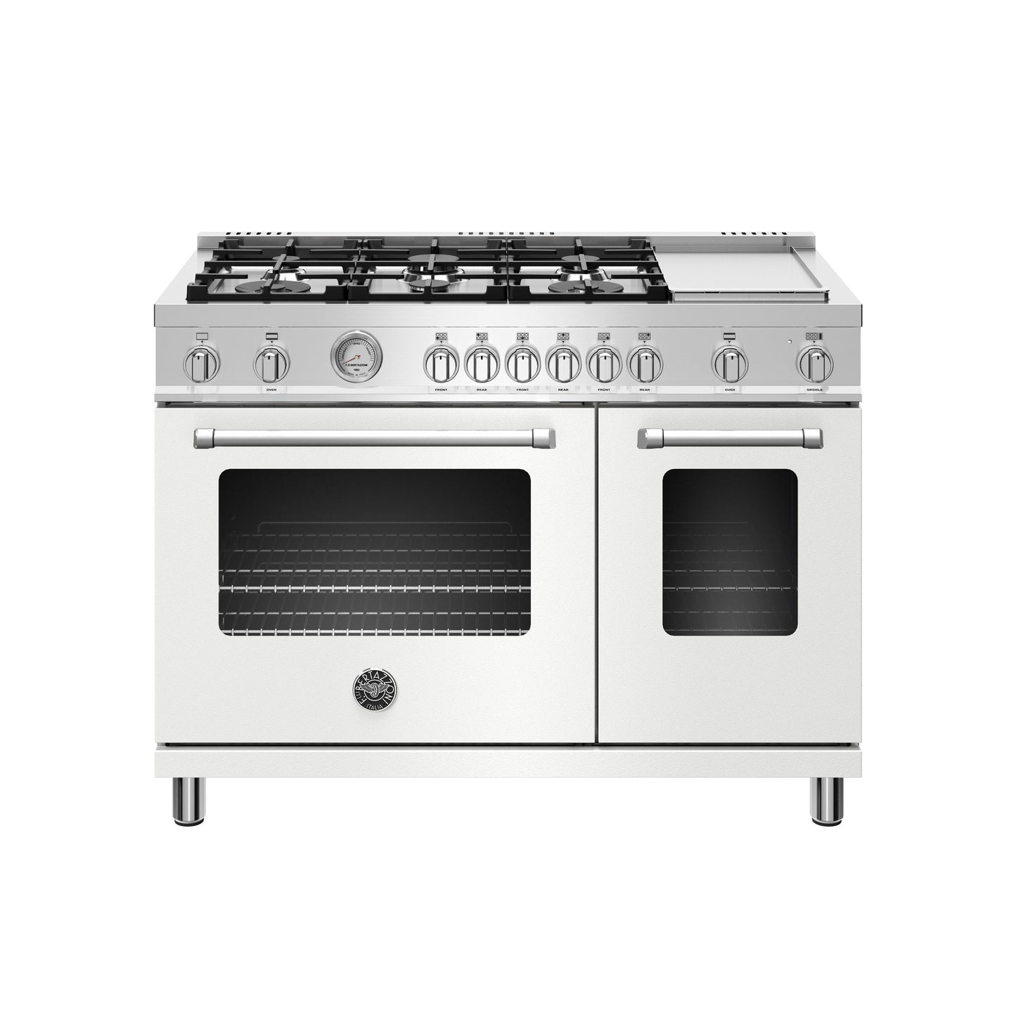 Bertazzoni Master Series 48" 6 Aluminum Burners Bianco Matt Freestanding All Gas Range With 7.2 Cu.Ft. Double Oven and Electric Griddle