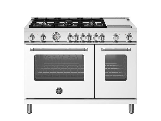 Bertazzoni Master Series 48" 6 Aluminum Burners Bianco Matt Freestanding Propane Gas Range With 7.1 Cu.Ft. Electric Manual Clean Double Oven and Griddle