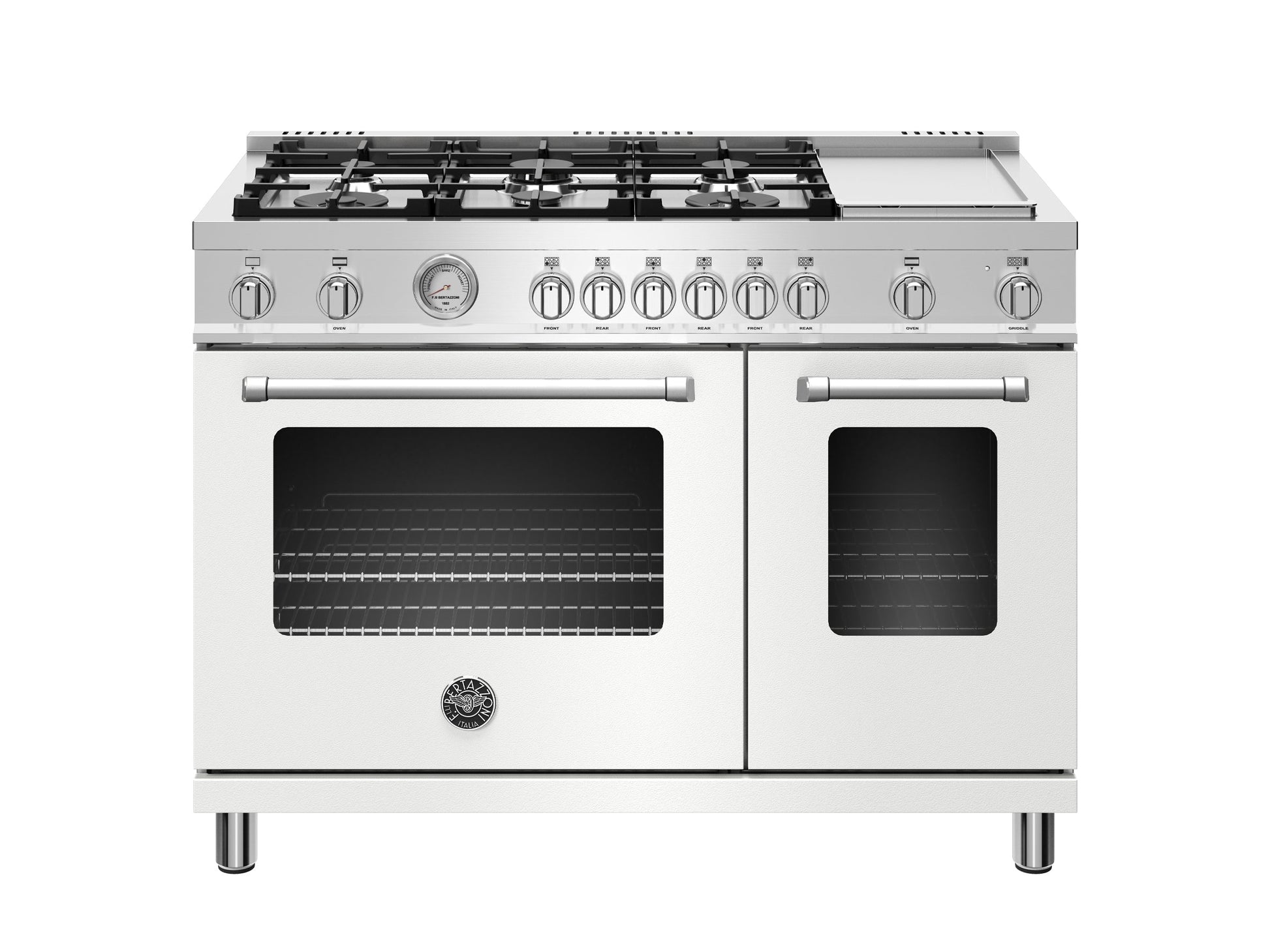 Bertazzoni Master Series 48" 6 Aluminum Burners Bianco Matt Freestanding Propane Gas Range With 7.2 Cu.Ft. Double Oven and Electric Griddle