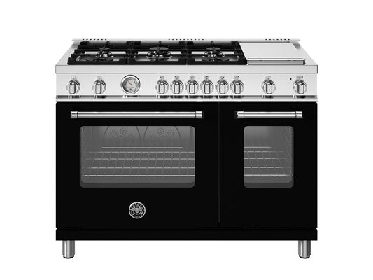 Bertazzoni Master Series 48" 6 Aluminum Burners Nero Matt Freestanding All Gas Range With 7.1 Cu.Ft. Double Oven and Electric Griddle