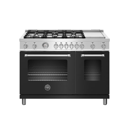 Bertazzoni Master Series 48" 6 Aluminum Burners Nero Matt Freestanding All Gas Range With 7.2 Cu.Ft. Double Oven and Electric Griddle