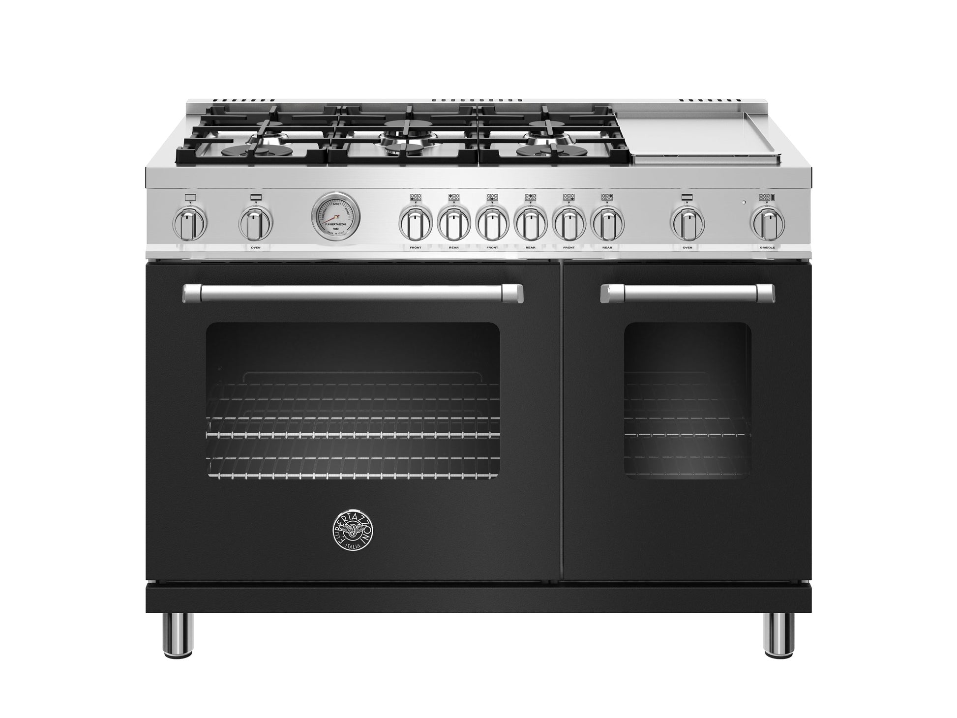 Bertazzoni Master Series 48" 6 Aluminum Burners Nero Matt Freestanding Propane Gas Range With 7.2 Cu.Ft. Double Oven and Electric Griddle