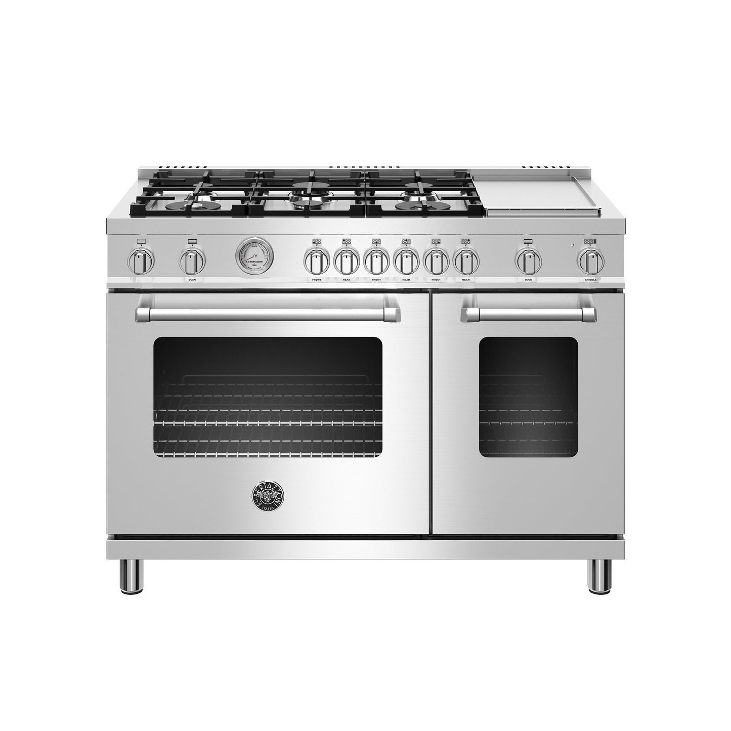 Bertazzoni Master Series 48" 6 Aluminum Burners Stainless Steel Freestanding Dual Fuel Range With 7.1 Cu.Ft. Electric Double Oven and Griddle