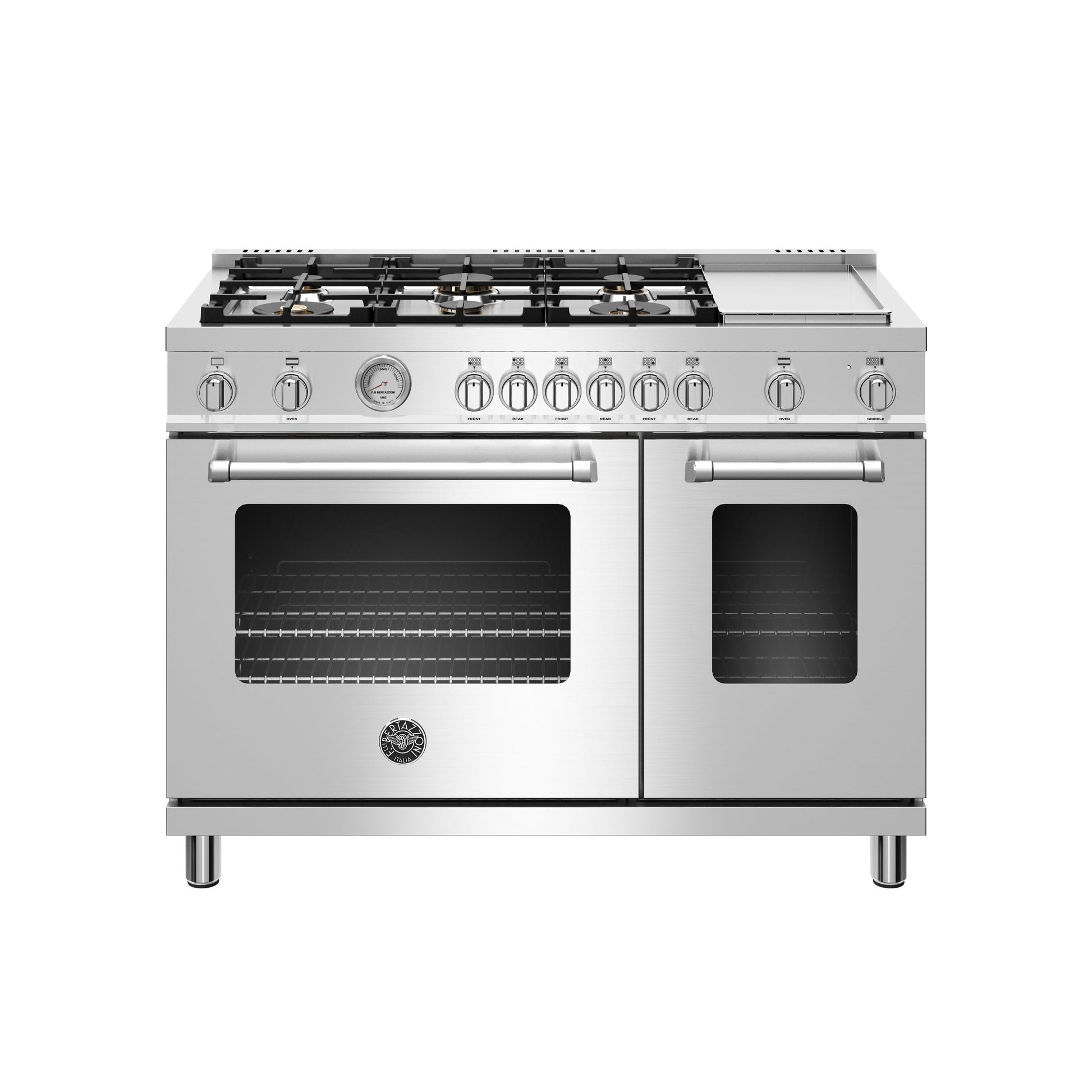 Bertazzoni Master Series 48" 6 Brass Burners Stainless Steel Freestanding All Gas Range With 7.2 Cu.Ft. Double Oven and Electric Griddle