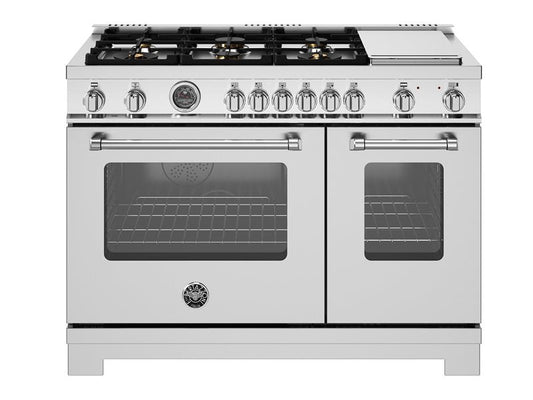 Bertazzoni Master Series 48" 6 Brass Burners Stainless Steel Freestanding Dual Fuel Range With Cast Iron Griddle and 7 Cu.Ft. Electric Self-Clean Double Oven