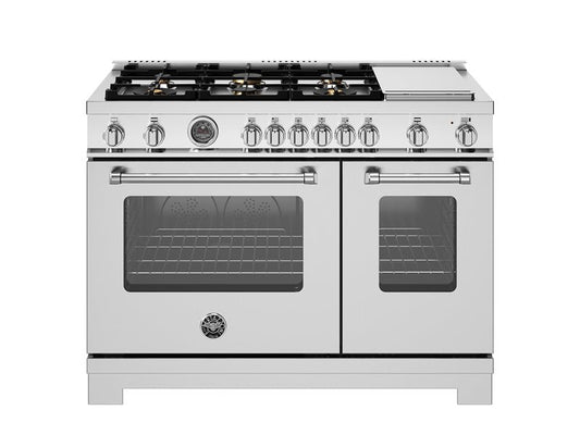 Bertazzoni Master Series 48" 6 Brass Burners Stainless Steel Freestanding Propane Gas Range With 7.1 Cu.Ft. Double Oven and Electric Griddle
