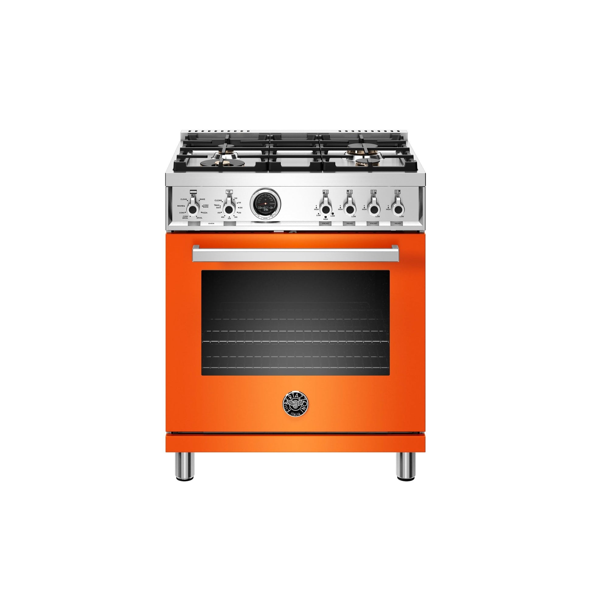 Bertazzoni Professional Series 30" 4 Brass Burners Arancio Freestanding Dual Fuel Range With 4.6 Cu.Ft. Electric Self-Clean Oven