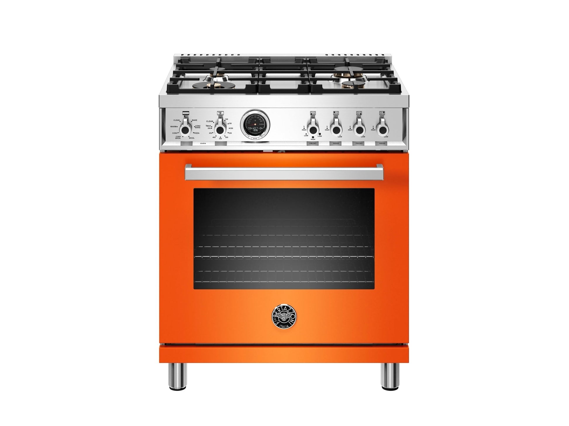 Bertazzoni Professional Series 30" 4 Brass Burners Arancio Freestanding Propane Gas Range With 4.6 Cu.Ft. Electric Self-Clean Oven