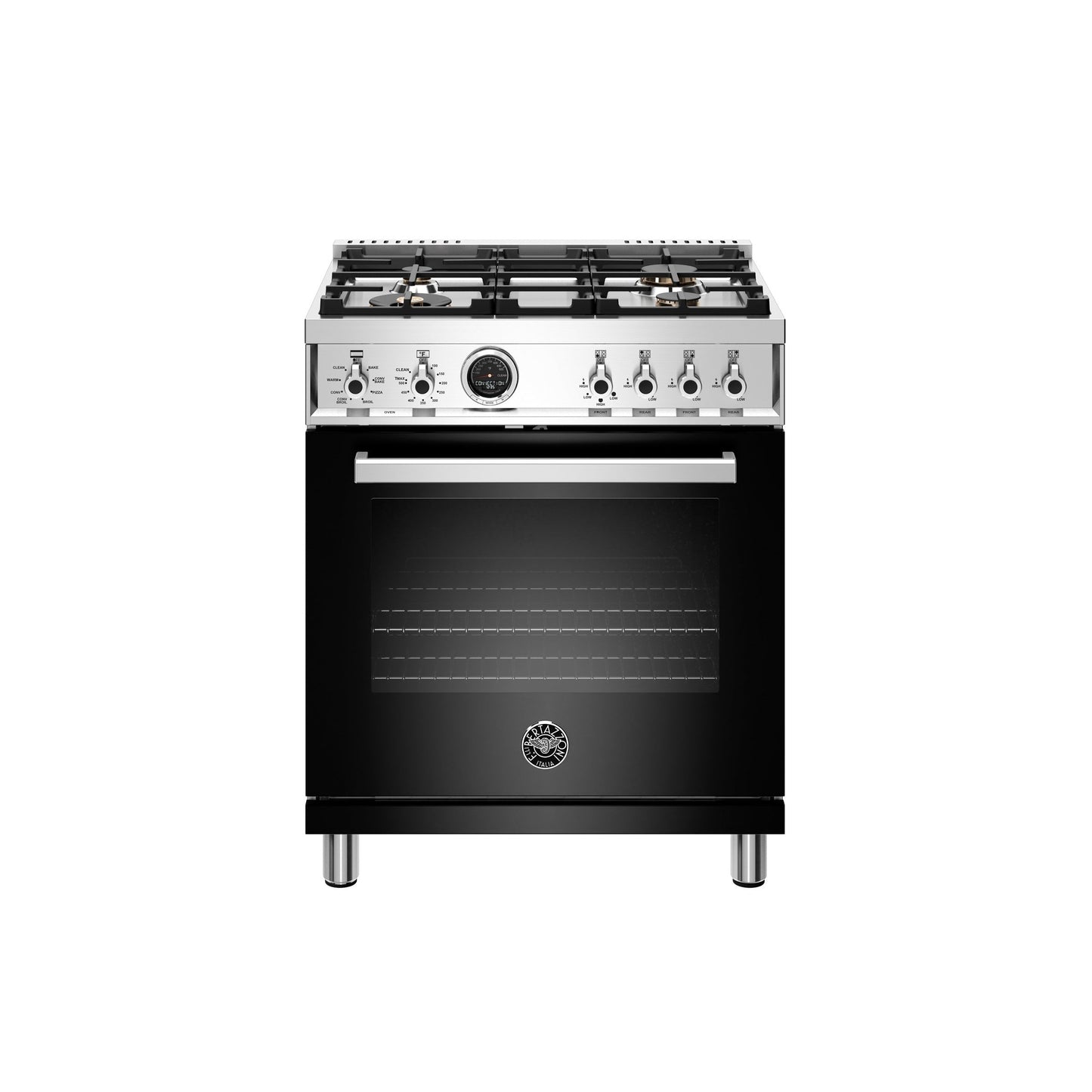 Bertazzoni Professional Series 30" 4 Brass Burners Nero Freestanding Dual Fuel Range With 4.6 Cu.Ft. Electric Self-Clean Oven