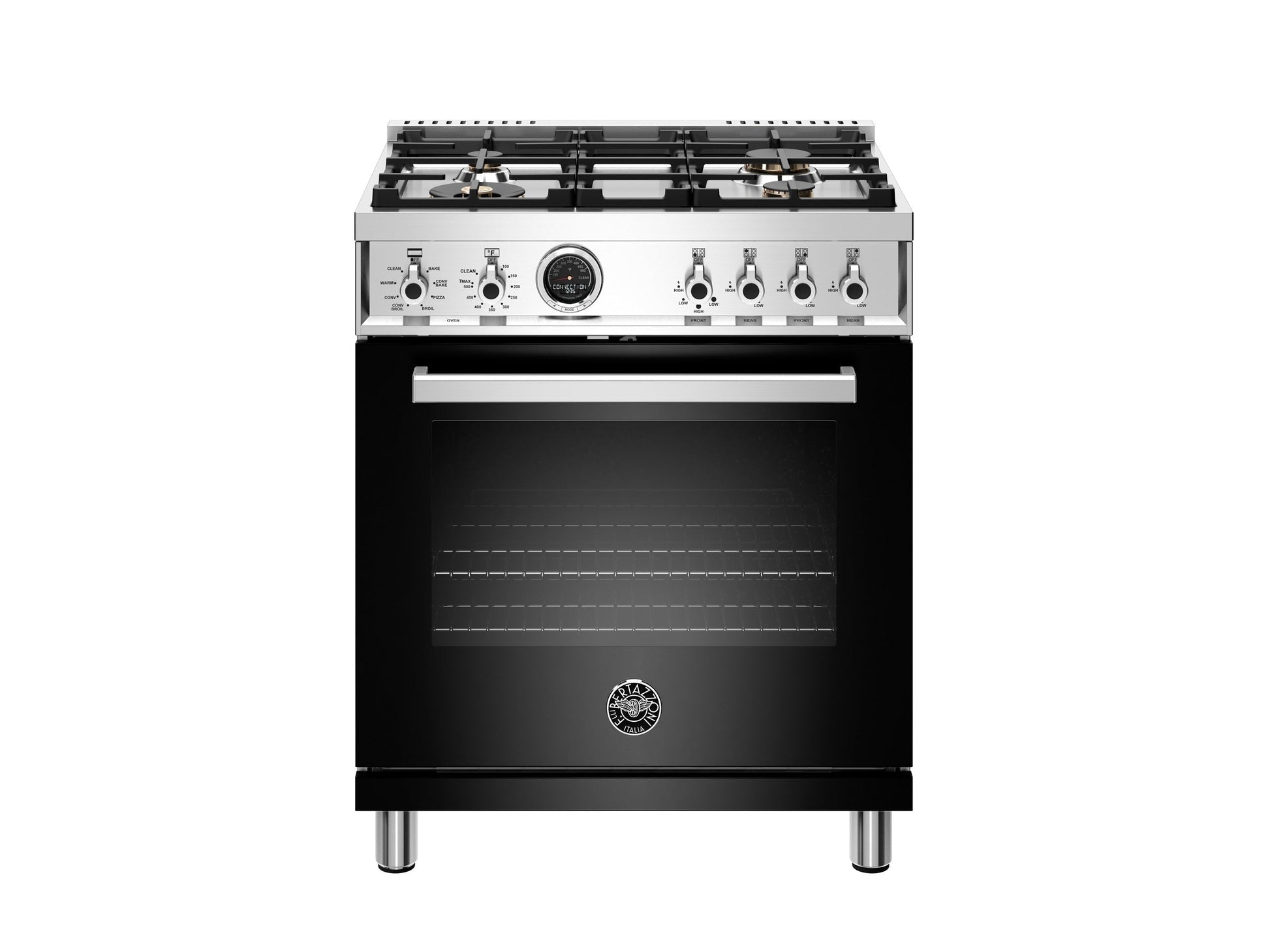 Bertazzoni Professional Series 30" 4 Brass Burners Nero Freestanding Propane Gas Range With 4.6 Cu.Ft. Electric Self-Clean Oven