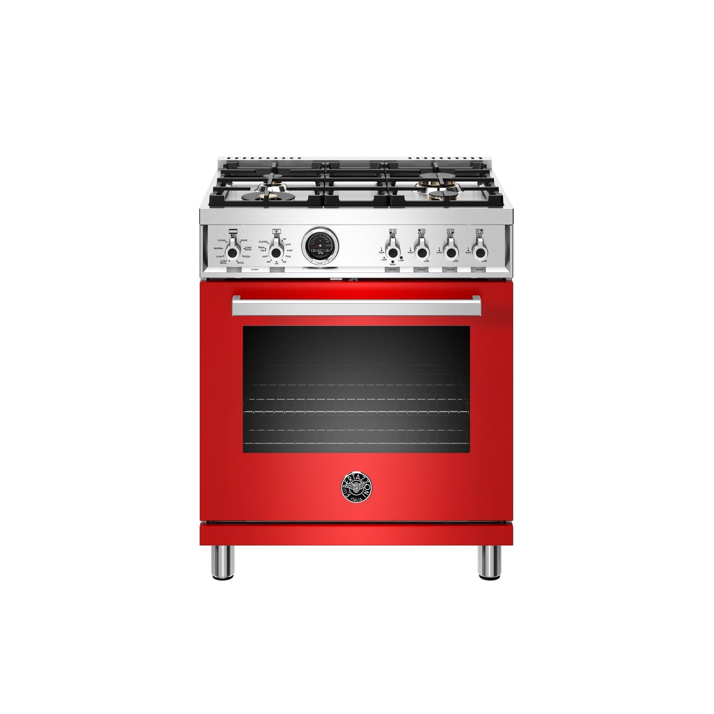 Bertazzoni Professional Series 30" 4 Brass Burners Rosso Freestanding Dual Fuel Range With 4.6 Cu.Ft. Electric Self-Clean Oven