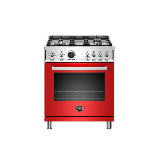 Bertazzoni Professional Series 30" 4 Brass Burners Rosso Freestanding Dual Fuel Range With 4.6 Cu.Ft. Electric Self-Clean Oven