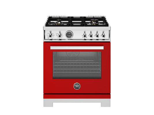 Bertazzoni Professional Series 30" 4 Brass Burners Rosso Freestanding Dual Fuel Range With 4.6 Cu.Ft. Single Electric Self-Clean Oven