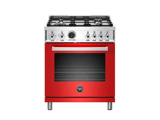 Bertazzoni Professional Series 30" 4 Brass Burners Rosso Freestanding Propane Gas Range With 4.6 Cu.Ft. Electric Self-Clean Oven