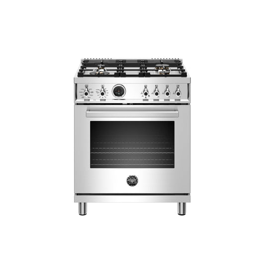 Bertazzoni Professional Series 30" 4 Brass Burners Stainless Steel Freestanding Dual Fuel Range With 4.6 Cu.Ft. Electric Self-Clean Oven