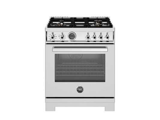 Bertazzoni Professional Series 30" 4 Brass Burners Stainless Steel Freestanding Dual Fuel Range With 4.6 Cu.Ft. Single Electric Self-Clean Oven