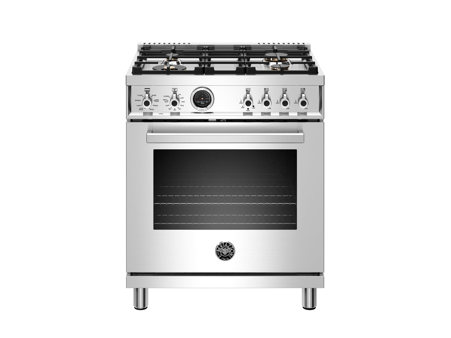 Bertazzoni Professional Series 30" 4 Brass Burners Stainless Steel Freestanding Propane Gas Range With 4.6 Cu.Ft. Electric Self-Clean Oven