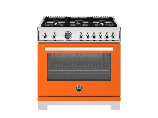 Bertazzoni Professional Series 36" 6 Brass Burners Arancio Freestanding All Gas Range With Cast Iron Griddle and 5.9 Cu.Ft. Gas Oven