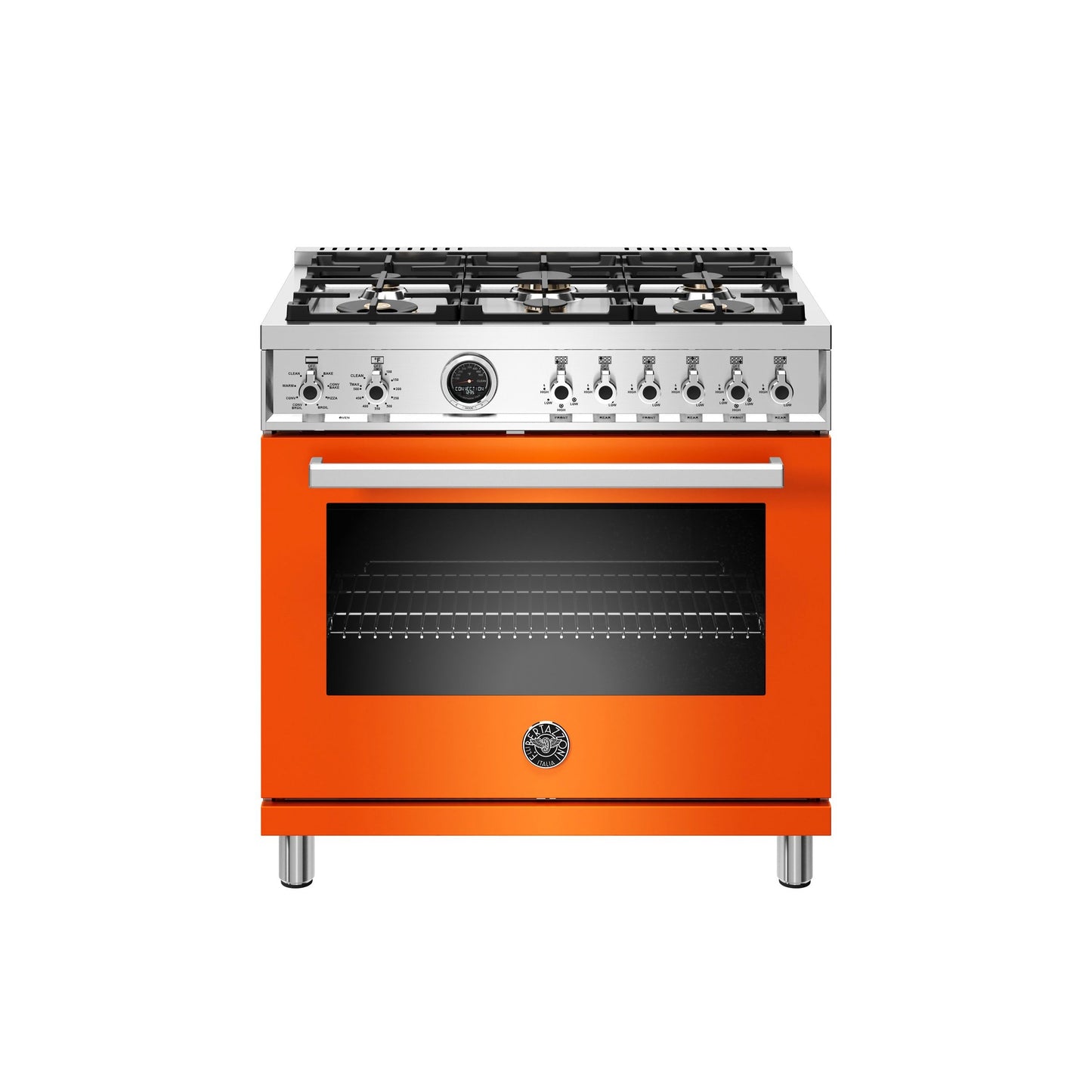 Bertazzoni Professional Series 36" 6 Brass Burners Arancio Freestanding Dual Fuel Range With 5.7 Cu.Ft. Electric Self-Clean Oven