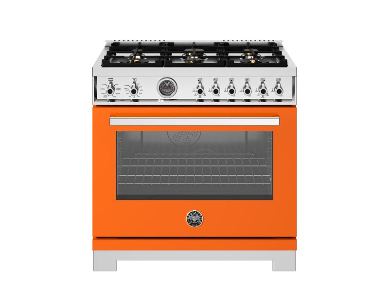 Bertazzoni Professional Series 36" 6 Brass Burners Arancio Freestanding Dual Fuel Range With Cast Iron Griddle and 5.7 Cu.Ft. Electric Self-Clean Oven