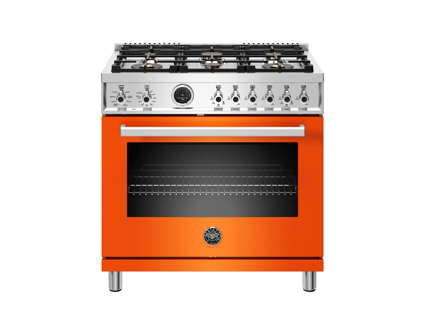 Bertazzoni Professional Series 36" 6 Brass Burners Arancio Freestanding Propane Gas Range With 5.7 Cu.Ft. Electric Self-Clean Oven