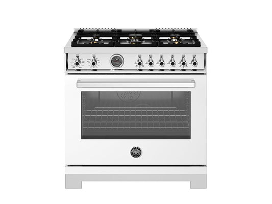 Bertazzoni Professional Series 36" 6 Brass Burners Bianco Freestanding Dual Fuel Range With Cast Iron Griddle and 5.7 Cu.Ft. Electric Self-Clean Oven