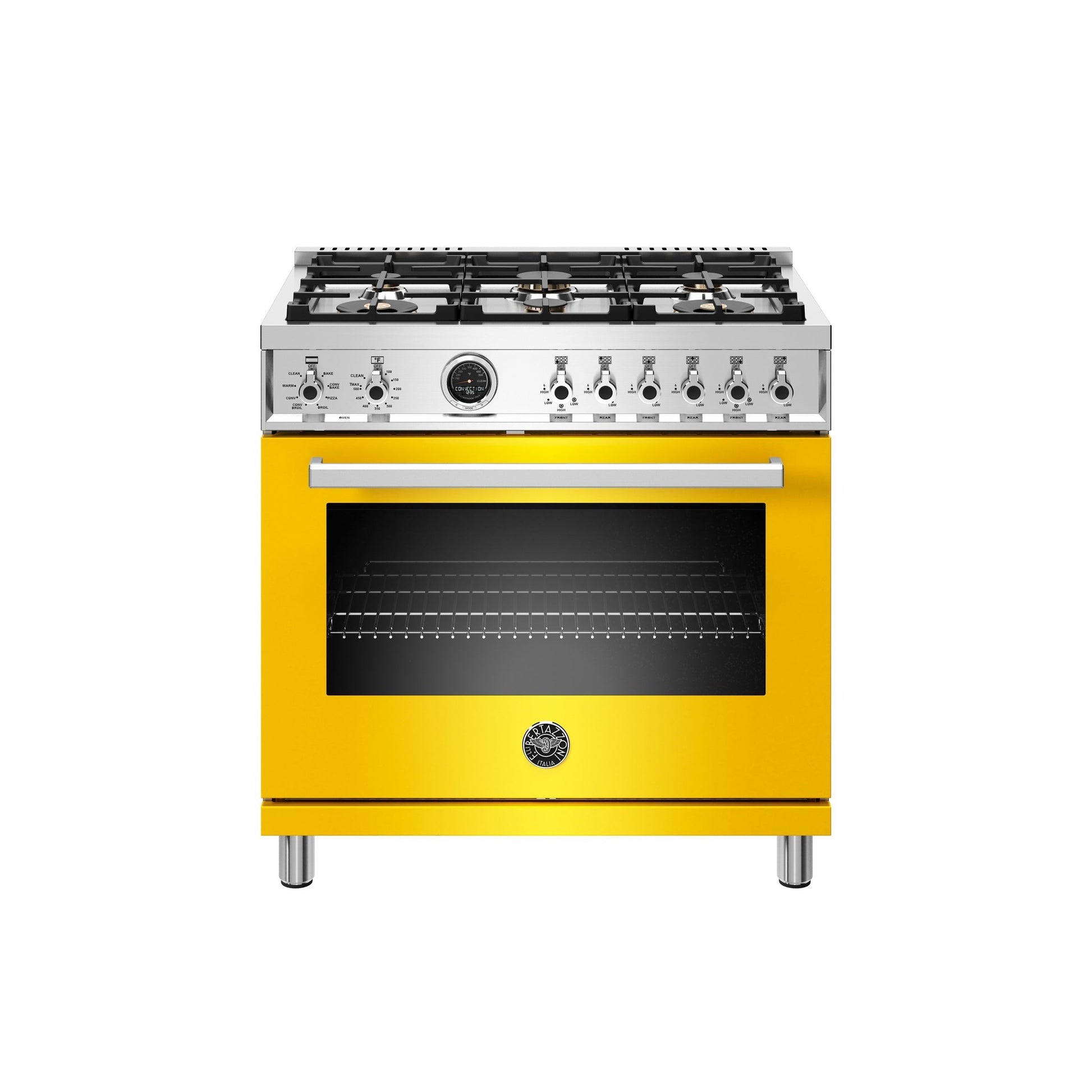 Bertazzoni Professional Series 36" 6 Brass Burners Giallo Freestanding Dual Fuel Range With 5.7 Cu.Ft. Electric Self-Clean Oven