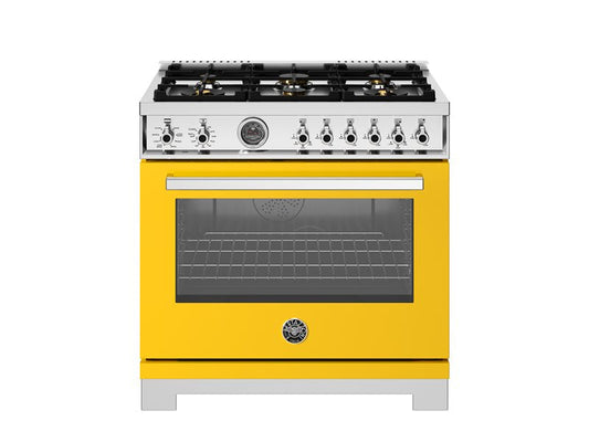 Bertazzoni Professional Series 36" 6 Brass Burners Giallo Freestanding Dual Fuel Range With Cast Iron Griddle and 5.7 Cu.Ft. Electric Self-Clean Oven
