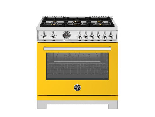 Bertazzoni Professional Series 36" 6 Brass Burners Giallo Freestanding Propane Gas Range With Cast Iron Griddle and 5.9 Cu.Ft. Gas Oven