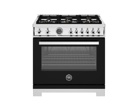 Bertazzoni Professional Series 36" 6 Brass Burners Nero Freestanding All Gas Range With Cast Iron Griddle and 5.9 Cu.Ft. Gas Oven
