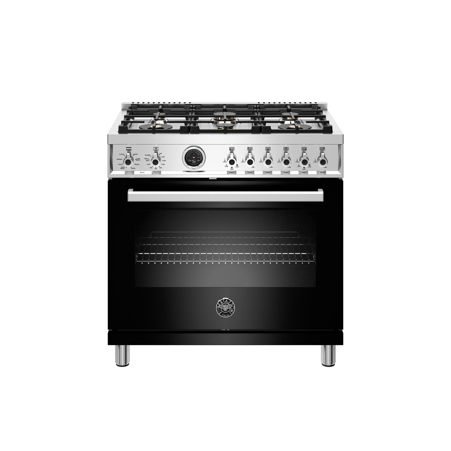 Bertazzoni Professional Series 36" 6 Brass Burners Nero Freestanding Dual Fuel Range With 5.7 Cu.Ft. Electric Self-Clean Oven