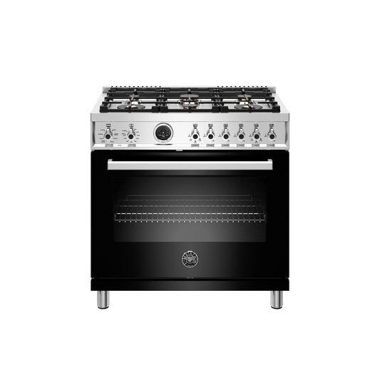 Bertazzoni Professional Series 36" 6 Brass Burners Nero Freestanding Dual Fuel Range With 5.7 Cu.Ft. Electric Self-Clean Oven