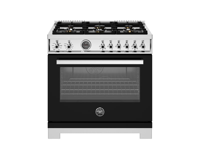 Bertazzoni Professional Series 36" 6 Brass Burners Nero Freestanding Dual Fuel Range With Cast Iron Griddle and 5.7 Cu.Ft. Electric Self-Clean Oven