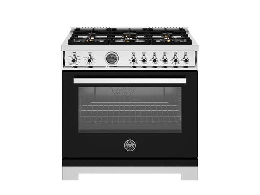 Bertazzoni Professional Series 36" 6 Brass Burners Nero Freestanding Propane Gas Range With Cast Iron Griddle and 5.7 Cu.Ft. Electric Self-Clean Oven