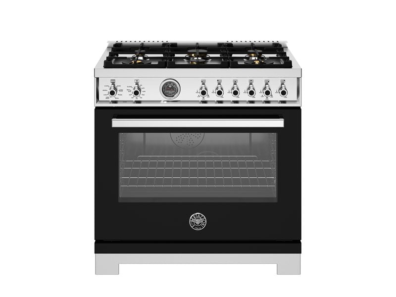 Bertazzoni Professional Series 36" 6 Brass Burners Nero Freestanding Propane Gas Range With Cast Iron Griddle and 5.7 Cu.Ft. Electric Self-Clean Oven