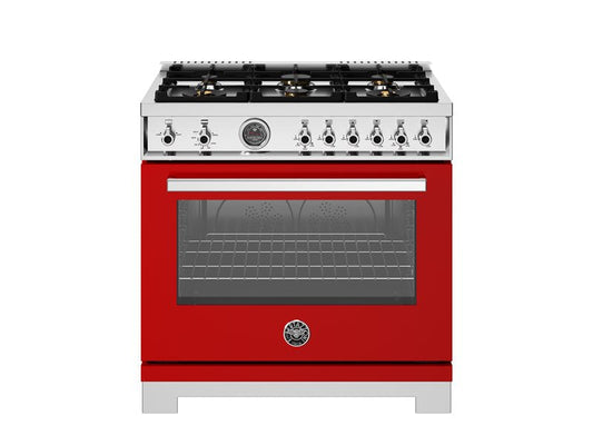 Bertazzoni Professional Series 36" 6 Brass Burners Rosso Freestanding All Gas Range With Cast Iron Griddle and 5.9 Cu.Ft. Gas Oven