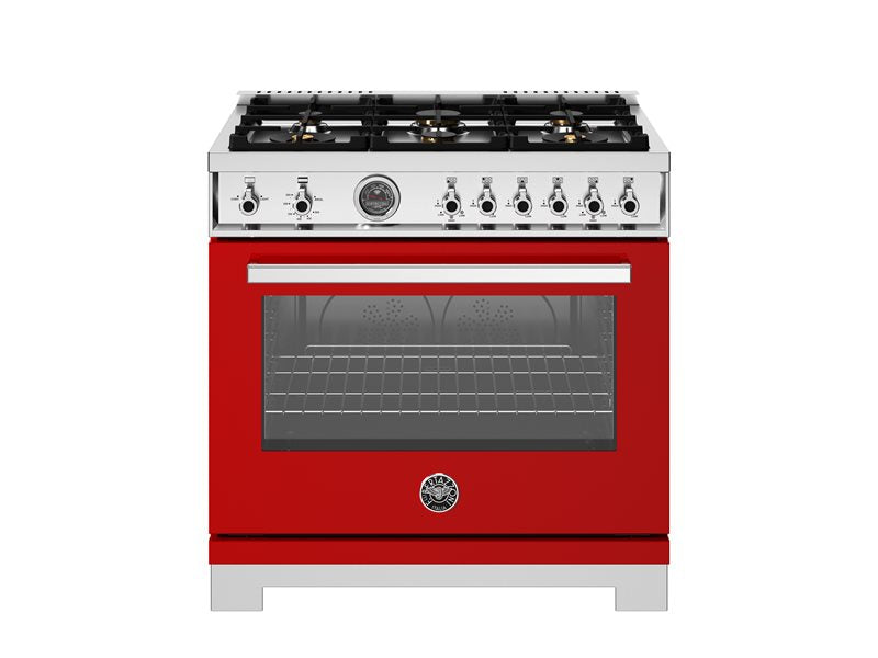 Bertazzoni Professional Series 36" 6 Brass Burners Rosso Freestanding All Gas Range With Cast Iron Griddle and 5.9 Cu.Ft. Gas Oven