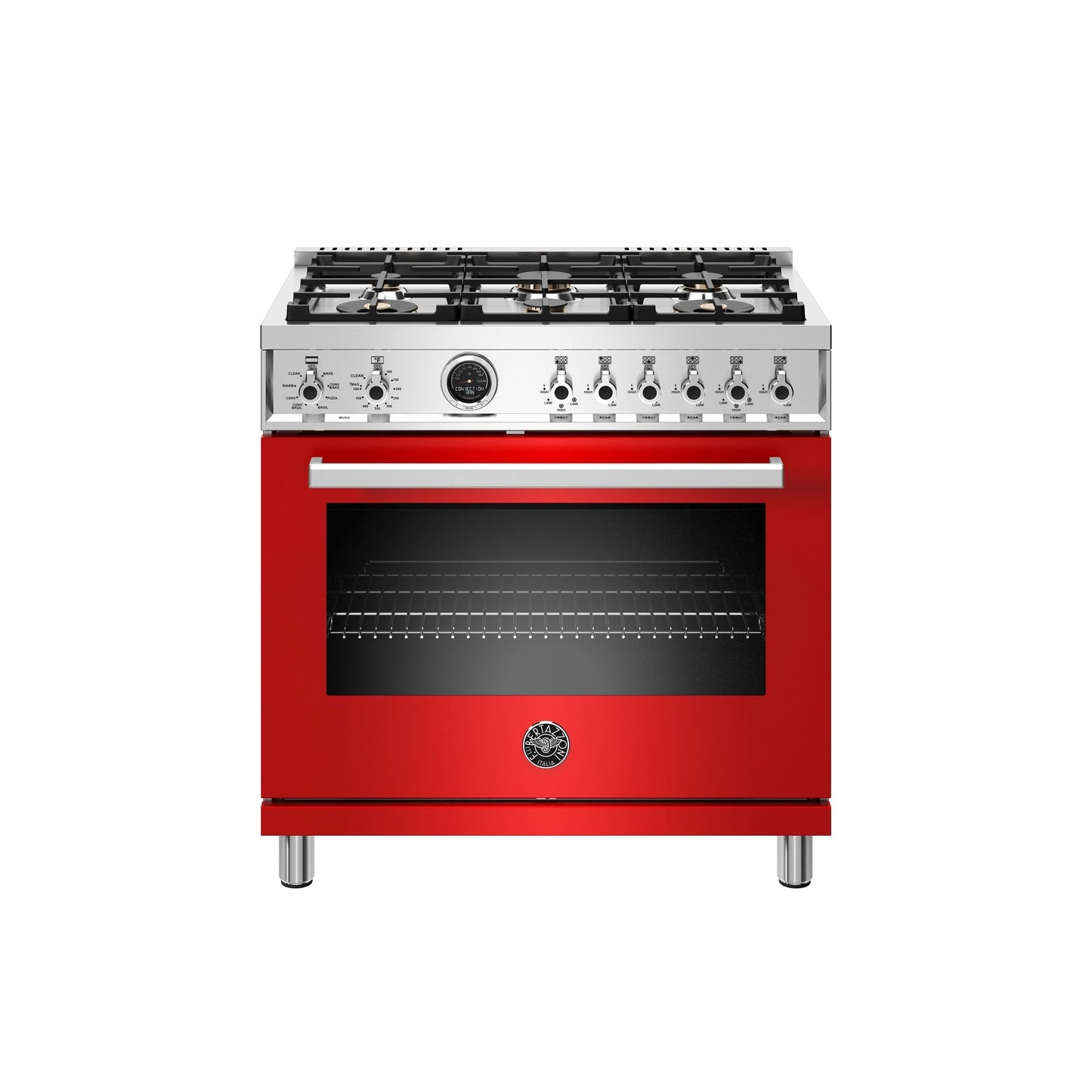 Bertazzoni Professional Series 36" 6 Brass Burners Rosso Freestanding Dual Fuel Range With 5.7 Cu.Ft. Electric Self-Clean Oven