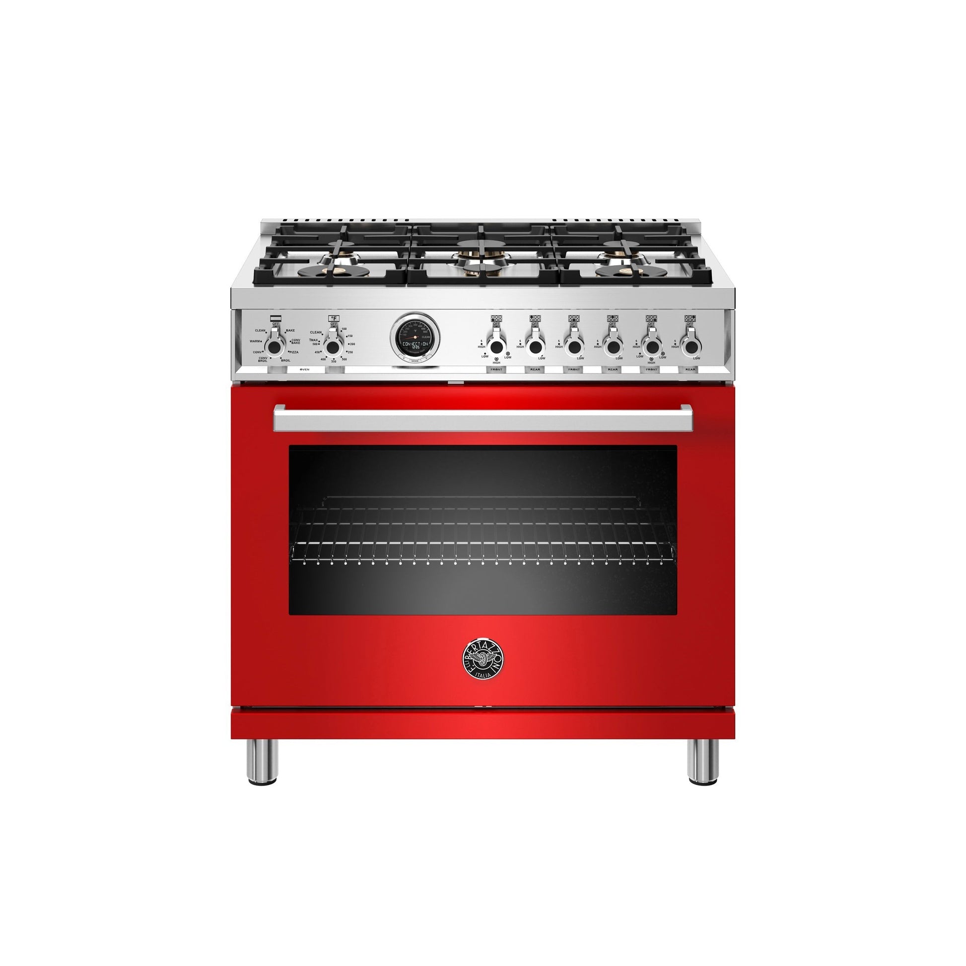 Bertazzoni Professional Series 36" 6 Brass Burners Rosso Freestanding Dual Fuel Range With 5.7 Cu.Ft. Electric Self-Clean Oven