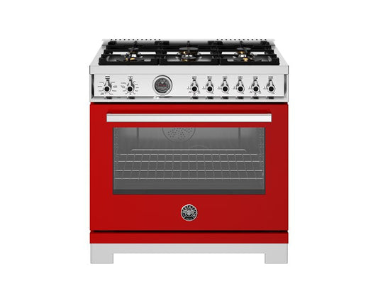 Bertazzoni Professional Series 36" 6 Brass Burners Rosso Freestanding Dual Fuel Range With Cast Iron Griddle and 5.7 Cu.Ft. Electric Self-Clean Oven