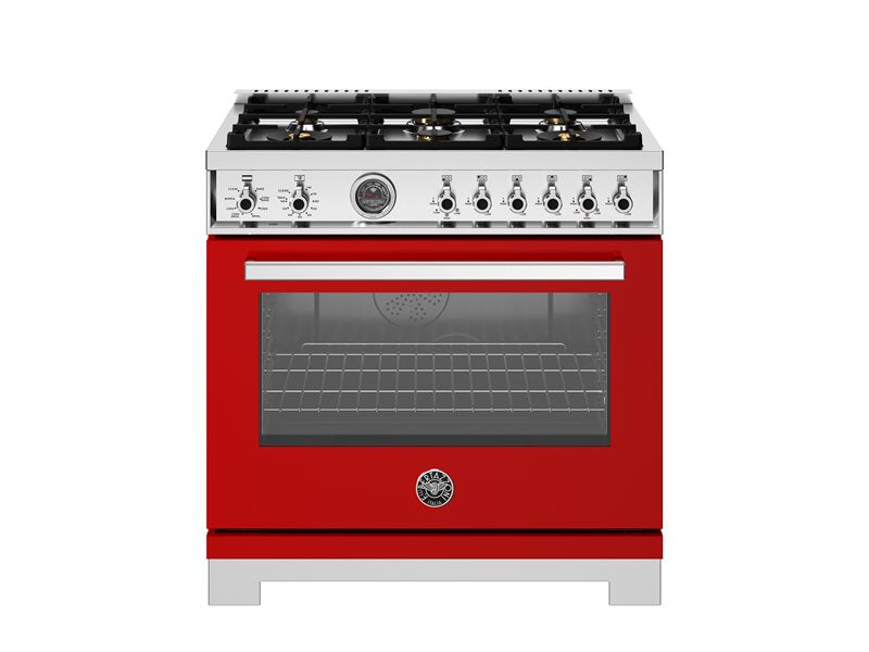 Bertazzoni Professional Series 36" 6 Brass Burners Rosso Freestanding Dual Fuel Range With Cast Iron Griddle and 5.7 Cu.Ft. Electric Self-Clean Oven