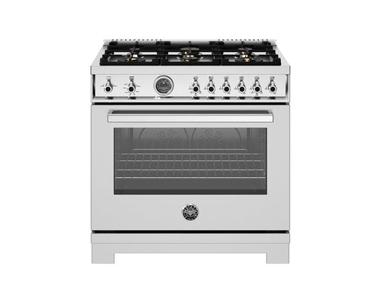 Bertazzoni Professional Series 36" 6 Brass Burners Stainless Steel Freestanding All Gas Range With Cast Iron Griddle and 5.9 Cu.Ft. Gas Oven
